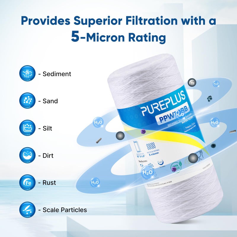 Pure Plus PUREPLUS 5 Micron 10 x 4.5 Whole House String Wound Sediment Filter for Well Water, Replacement Cartridge for 84637, WPX5BB97P, PC10, 355214-45, 355215-45, WP10BB97P, WP5BB97P, 2Pack - Image 3